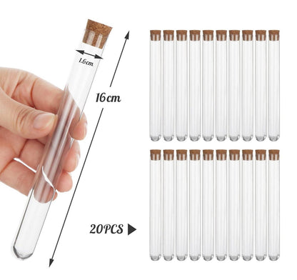 20 Stück Reagenzgläser mit Korken und Etiketten - Transparente Kunststoff-Röhren 16x160mm - Ideal für DIY, Hochzeiten, Blumen