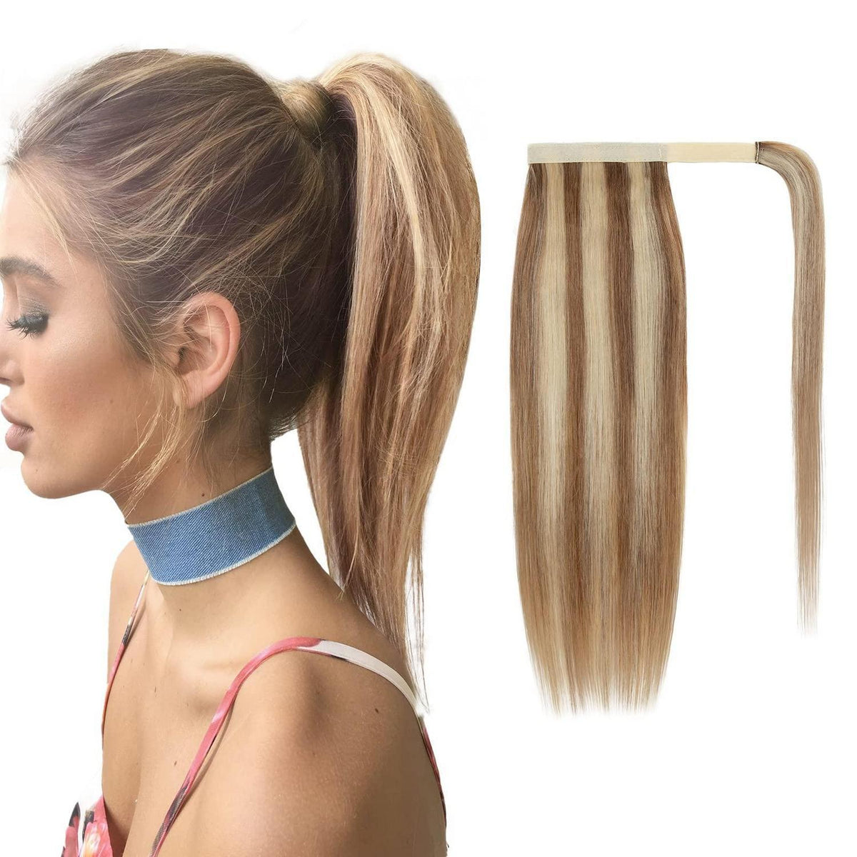 Echthaar Pferdeschwanz Verlängerung 35cm #12/613 Hellbraun/Blond