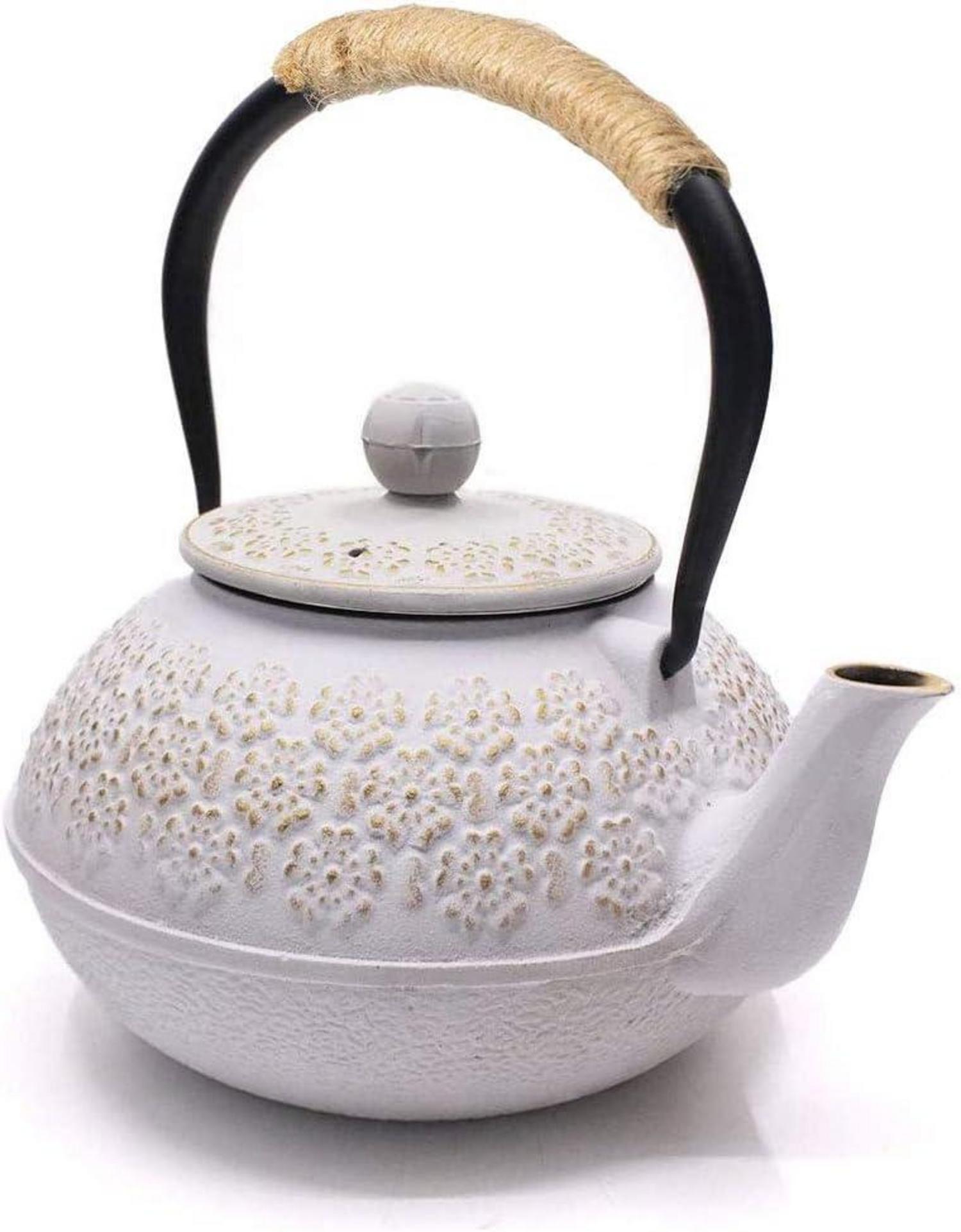Gusseisen Teekanne Tetsubin Teesieb 800ml Weiß Kirschblütenmuster