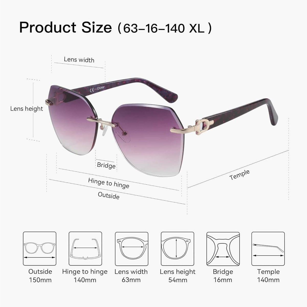 Randlose Damen Sonnenbrille mit UV400 Schutz, Lila
