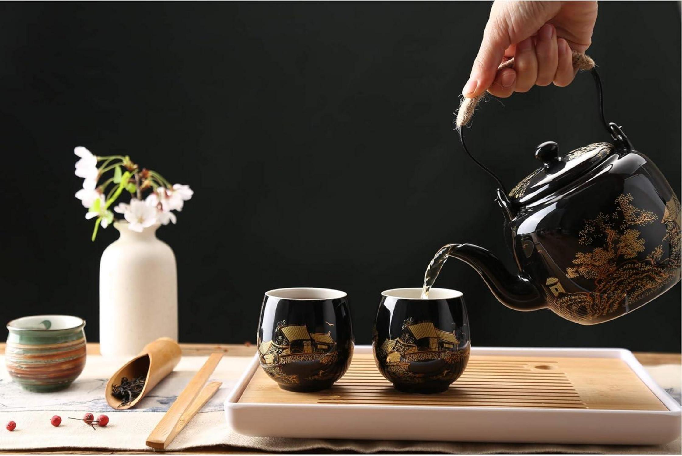 DUJUST Japanisches Teeservice, Schwarzes Porzellan Teeset