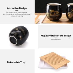 DUJUST Japanisches Teeservice Schwarzes Porzellan Chinesisches Teeset in Gold-Landschaft