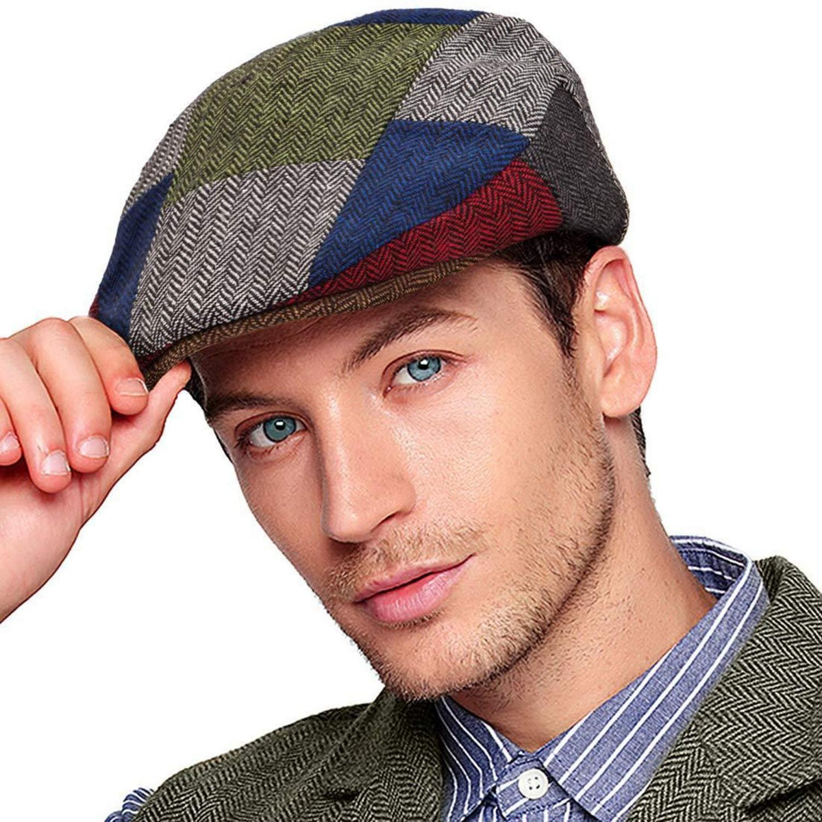 Herren Tweed Schirmmütze Fischgrät mit brauner Krempe S-M