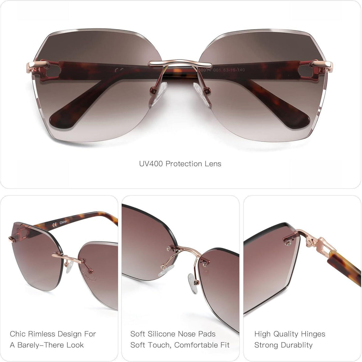 Randlose Damen Sonnenbrille mit UV400 Schutz, Braun