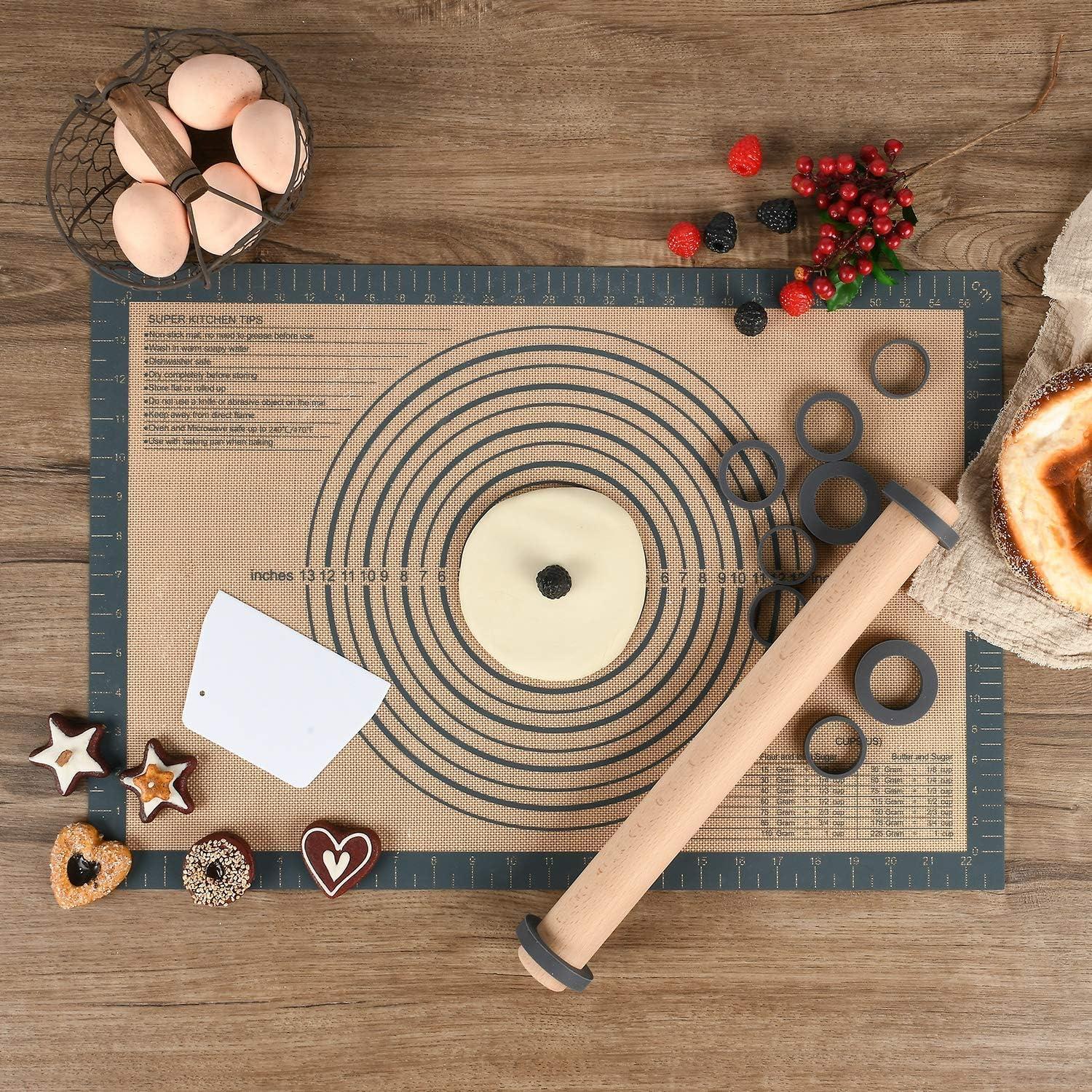 Nudelholz Buchenholz Teigroller mit Dicken Ringe, Backzubehör Rolling Pin 45cm