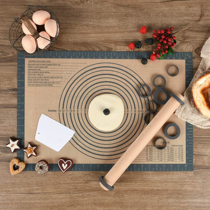 Nudelholz Buchenholz Teigroller mit Dicken Ringe, Backzubehör Rolling Pin 45cm