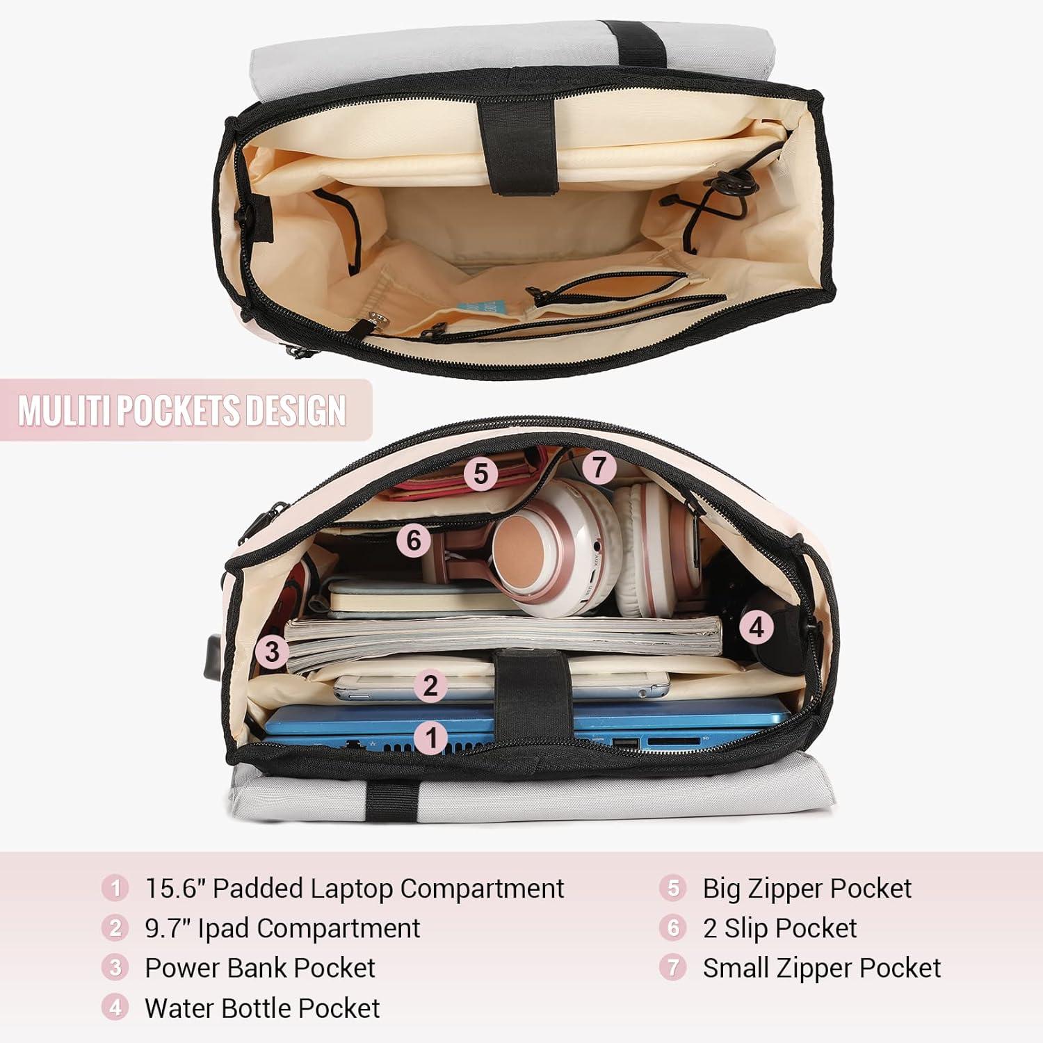 Rucksack Damen Elegant Daypack Wasserdichter Tagesrucksack 15,6 Zoll Laptopfach Anti Diebstahl Tasche Rose