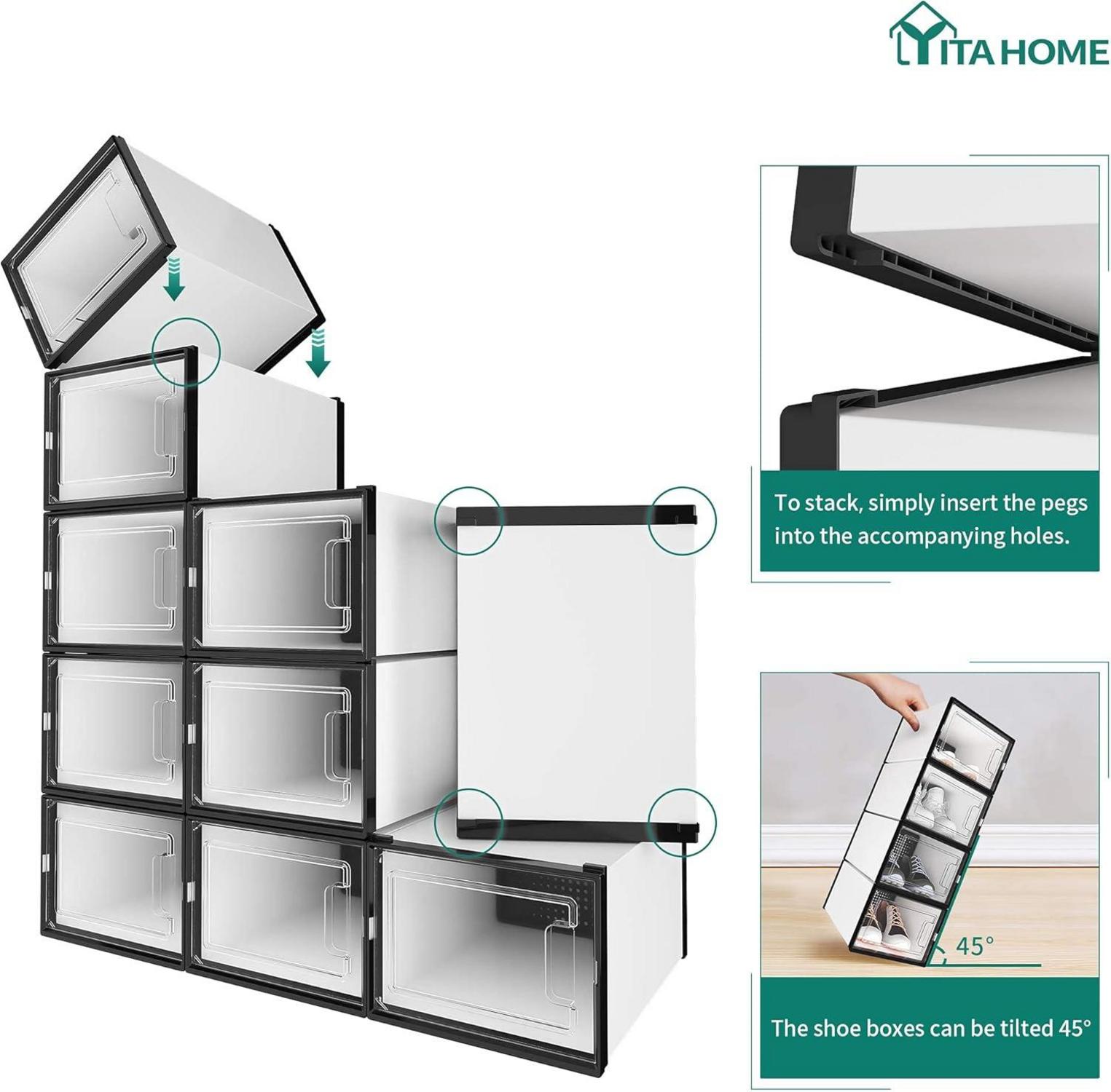 YITAHOME Schuhboxen 12er Set stapelbar weiß schwarz Größe 46 Transparent Tür
