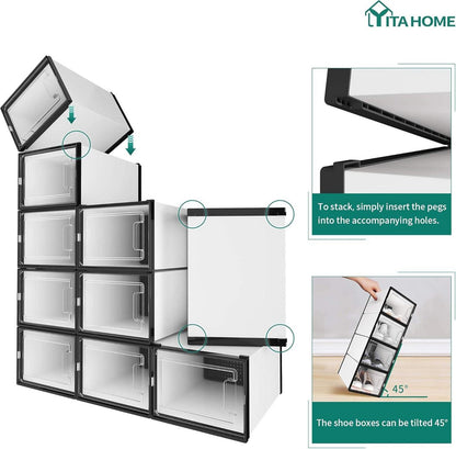 YITAHOME Schuhboxen 12er Set stapelbar weiß schwarz Größe 46 Transparent Tür