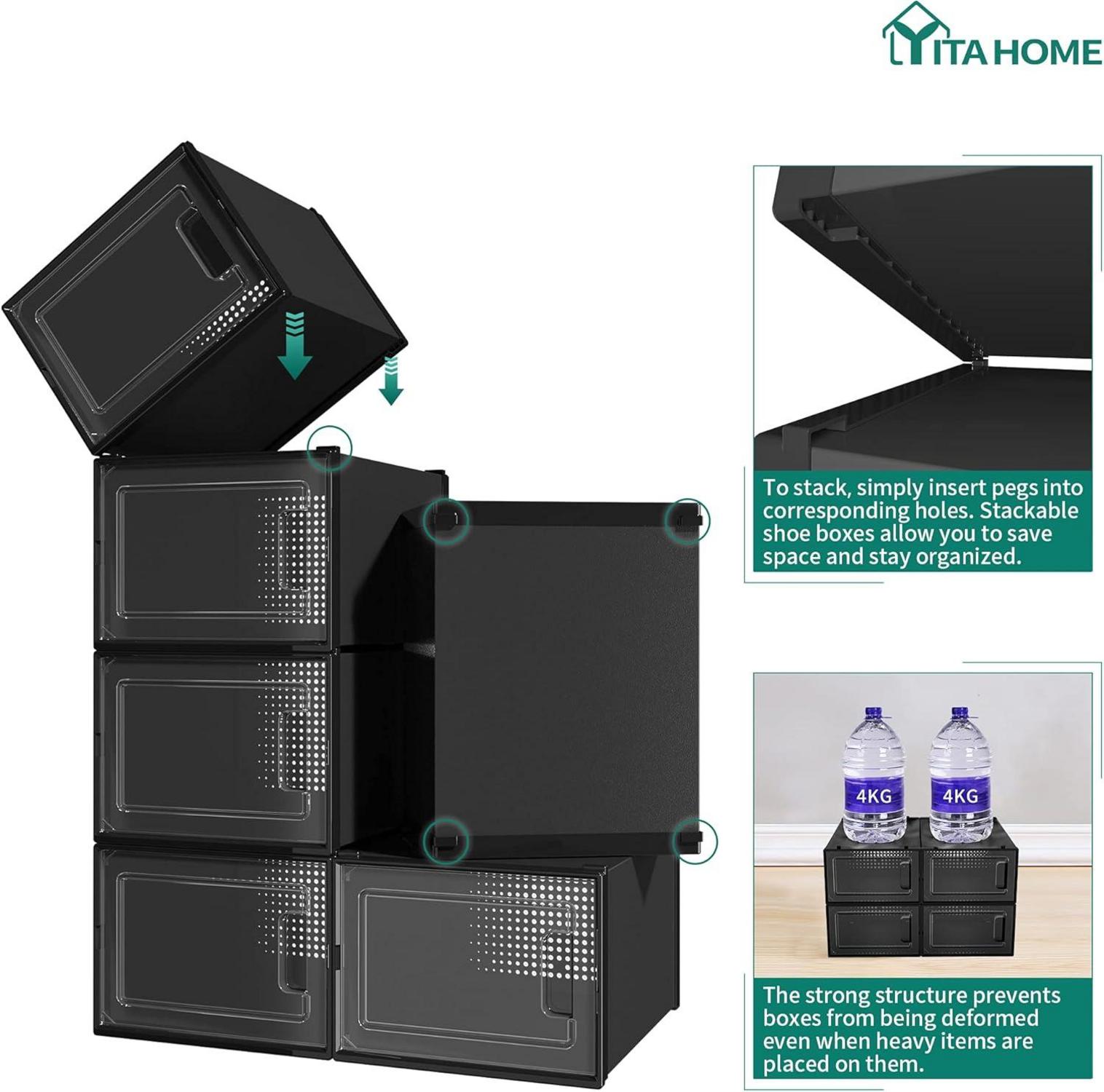 YITAHOME Schuhboxen Set stapelbar transparent Belüftungslöchern Größe 46 schwarz