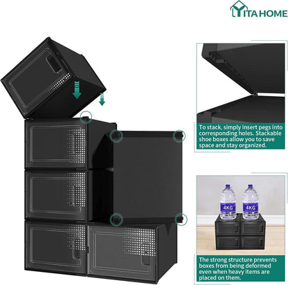 YITAHOME Schuhboxen Set stapelbar transparent Belüftungslöchern Größe 46 schwarz