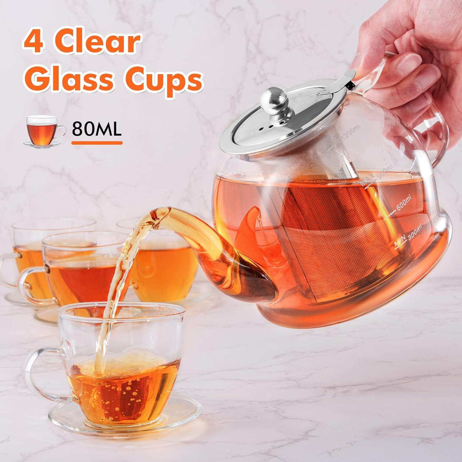 1200ML Glas Teekanne Set mit Siebeinsatz, 4 Gläser, Tee-Ei