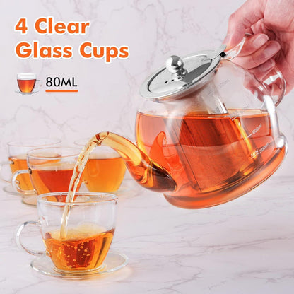 1200ML Glas Teekanne Set mit Siebeinsatz, 4 Gläser, Tee-Ei