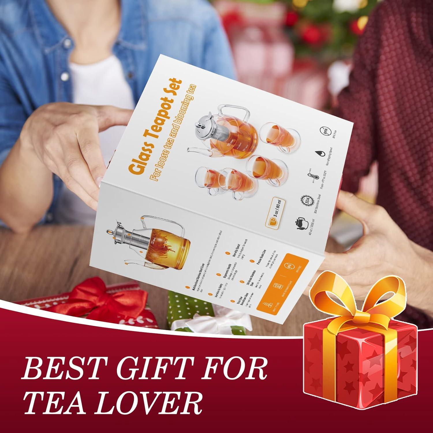 1200ML Glas Teekanne Set mit Siebeinsatz, 4 Gläser, Tee-Ei