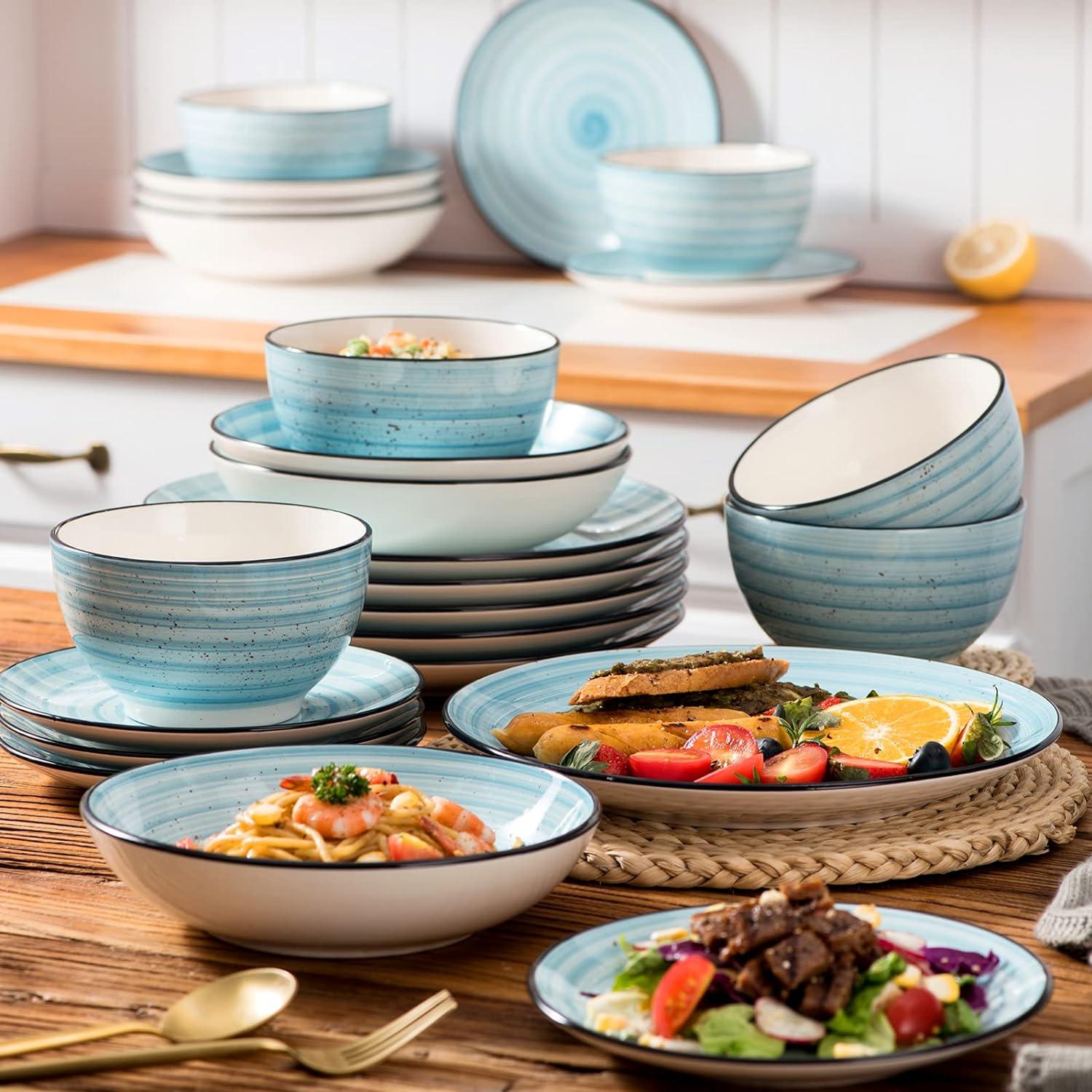 Tafelservice Steingut Handbemaltes Vintage Kombiservice 24-teilig Blau