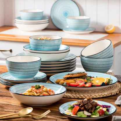 Tafelservice Steingut Handbemaltes Vintage Kombiservice 24-teilig Blau