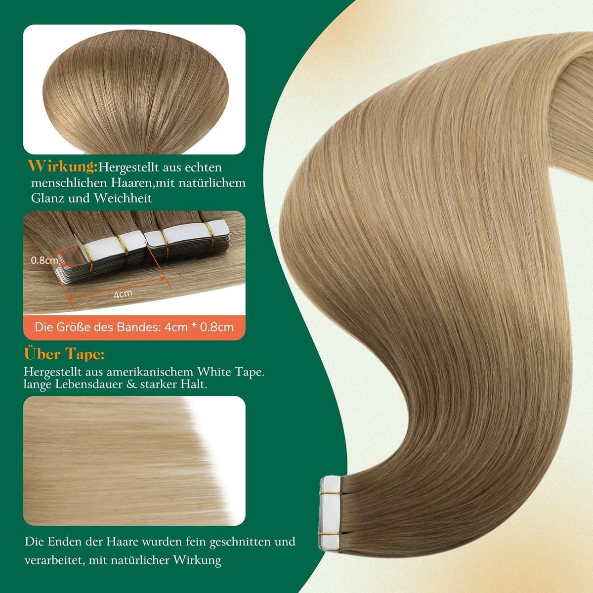 Echthaar Tape Extensions Braun Ombre 50cm – Remy Menschenhaar