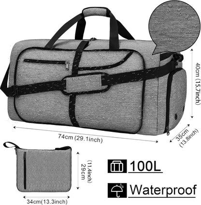 Schwarze Faltbare Reisetasche 100L mit Schuhfach - Leicht