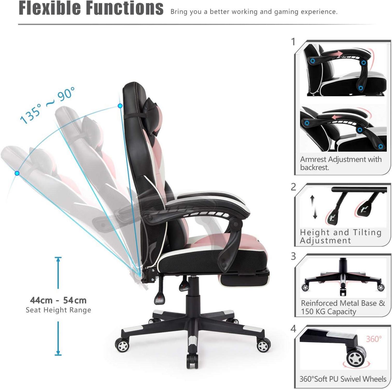 Ergonomischer Gaming Stuhl verstellbare Armlehnen Racing Bürostuhl 150KG Rosa
