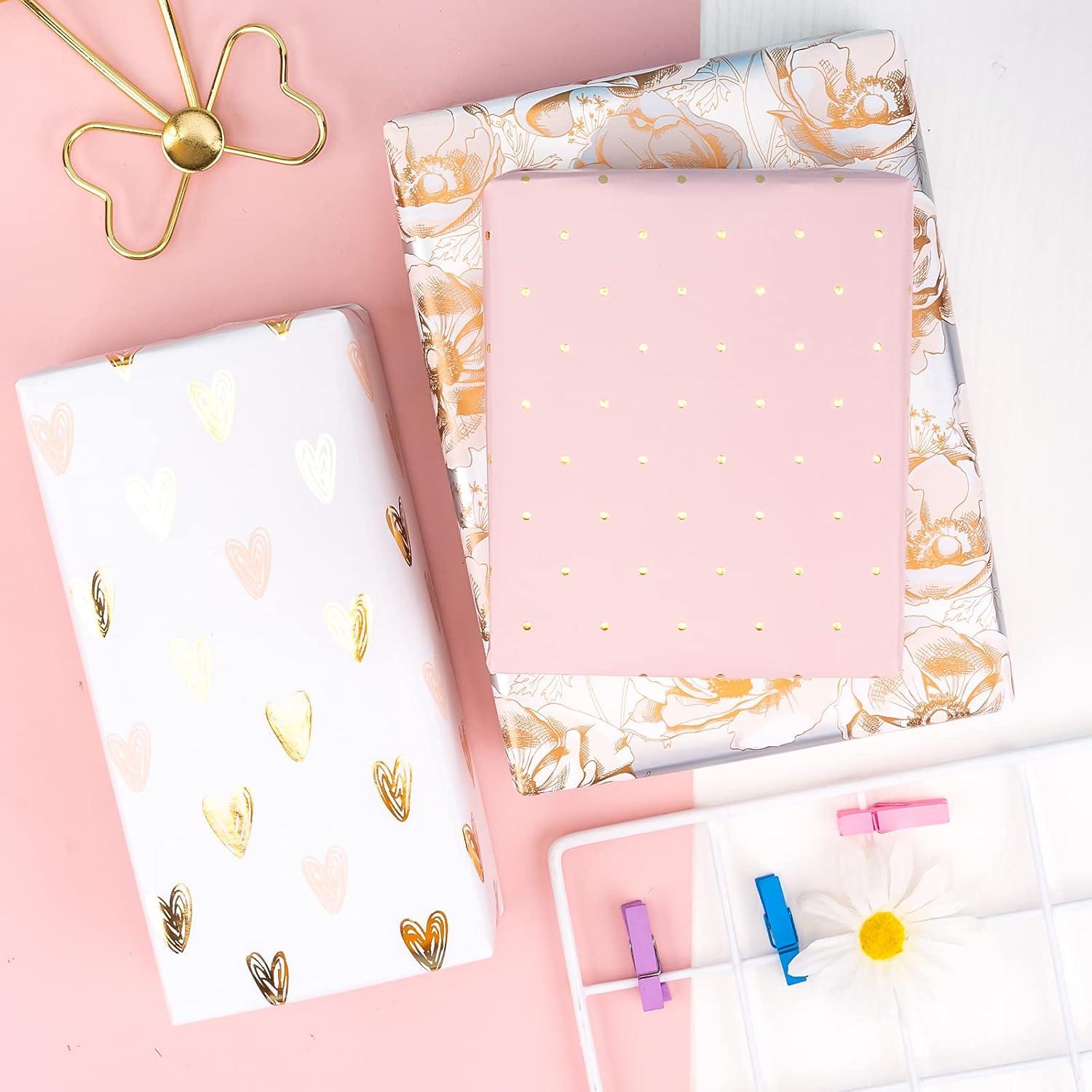 RUSPEPA Geschenkpapier Mini-Rolle 3 Pinke Graue Blumenmuster