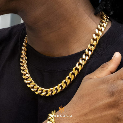 Herren Panzerkette 14mm Gold Cuban Link Chain Edelstahl 61cm