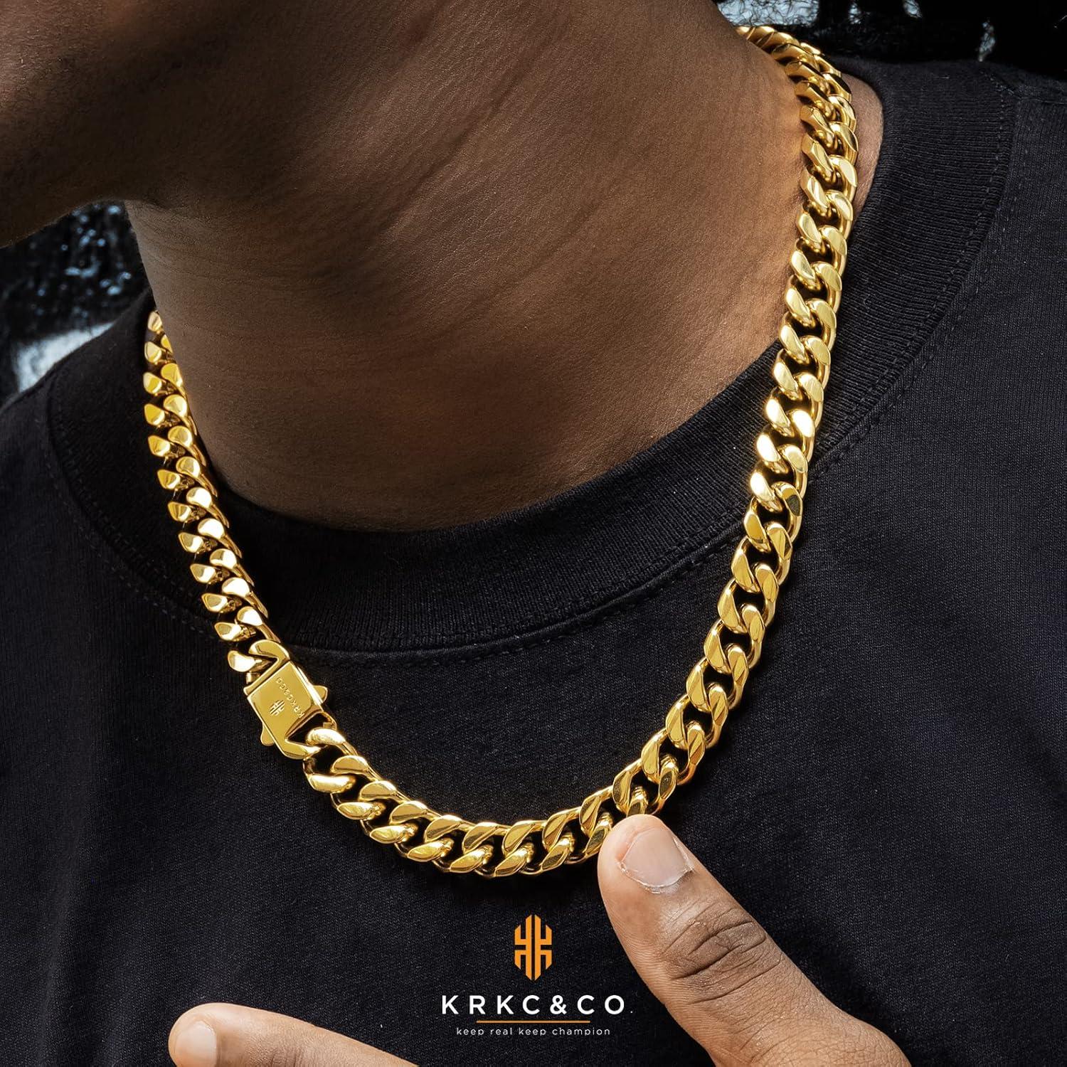 KRKC&CO Herren Panzerkette 18K Gold Cuban Link Chain 45.7cm 12mm