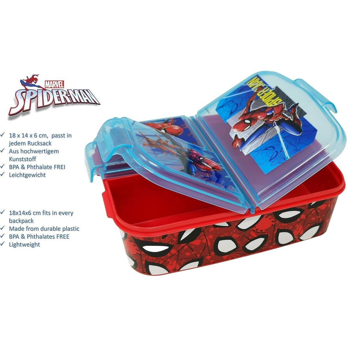 Kinder Brotdose mit 3 Fächern, BPA frei, Spiderman Motiv