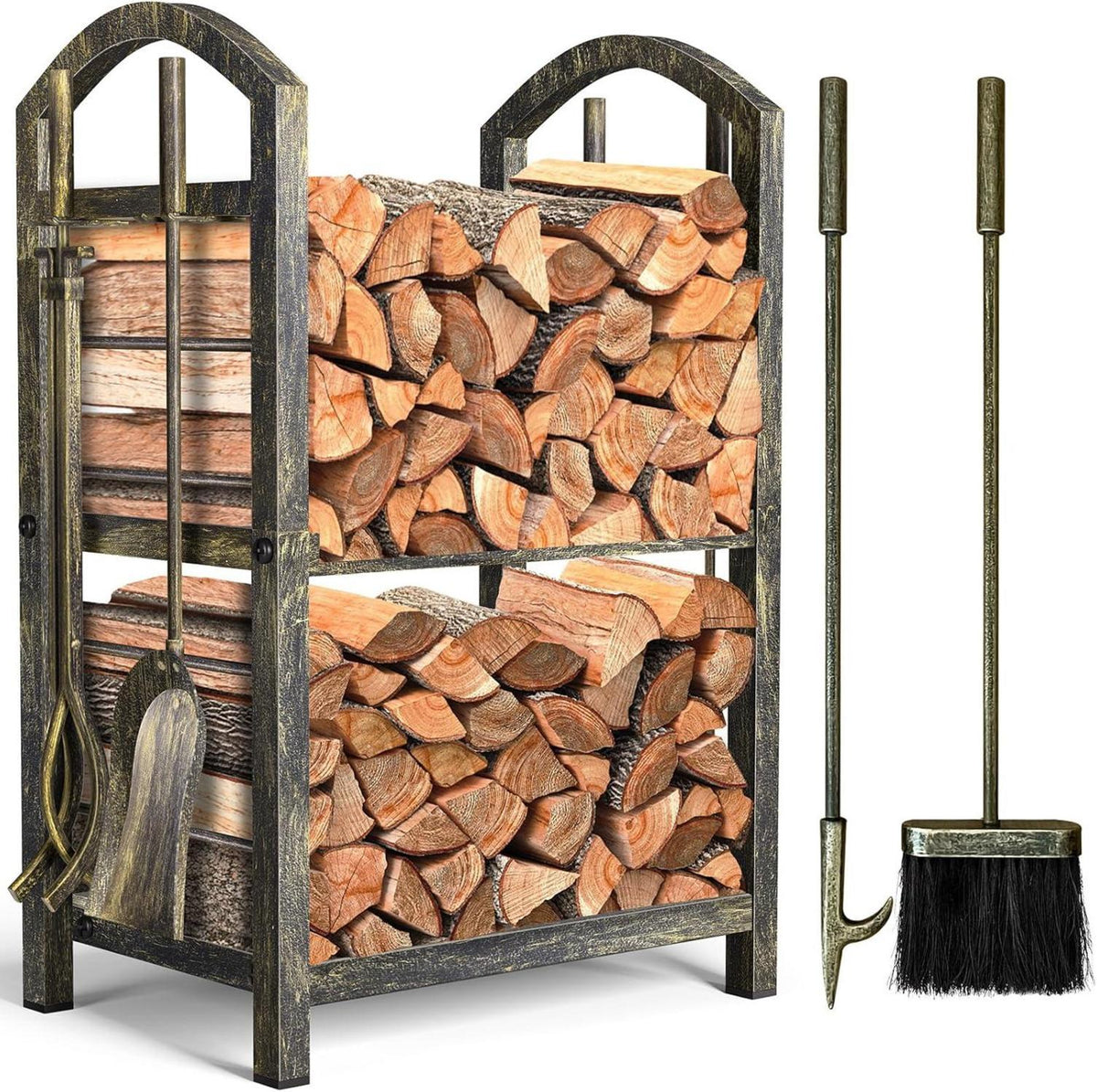 Kaminholzregal mit Kaminwerkzeug 74x40x30cm - Innen/Außen - Schwarz