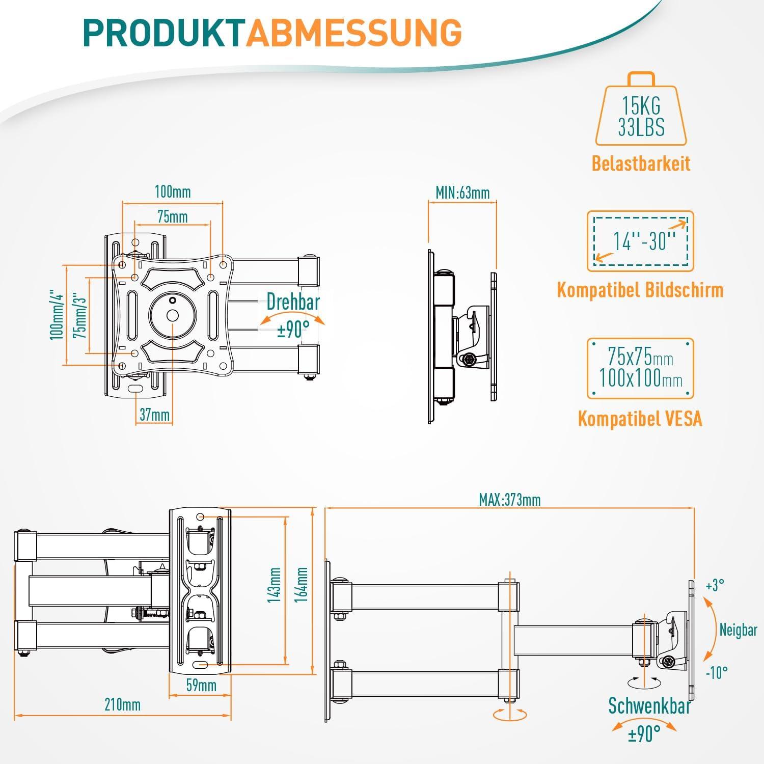 TV Wandhalterung Schwenkbar Neigbar 14-30 Zoll VESA 100x100mm LED OLED