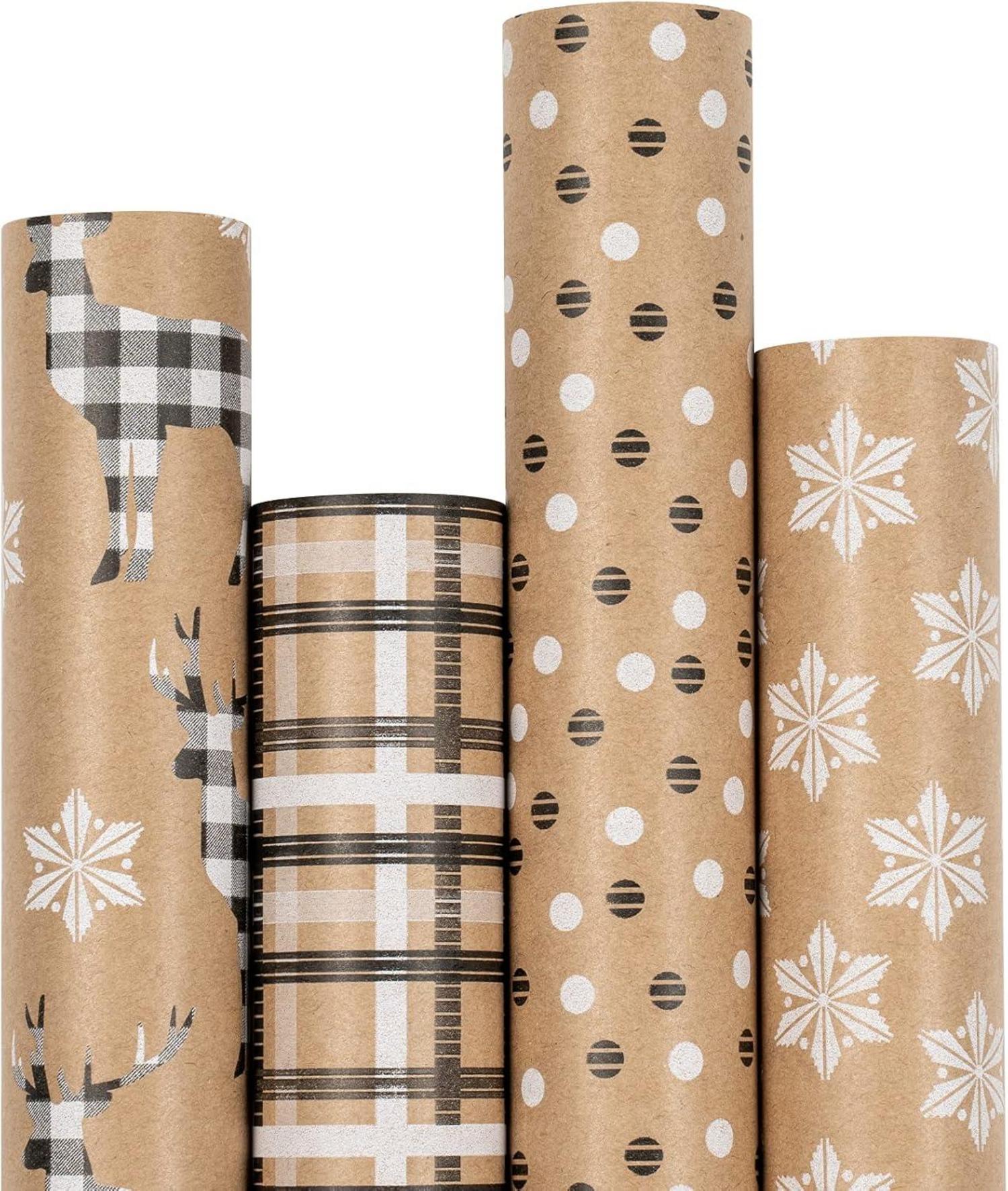 Weihnachtspapier Kraftpapier 4 Rollen Hirsch Schneeflocken Plaid 76 cm