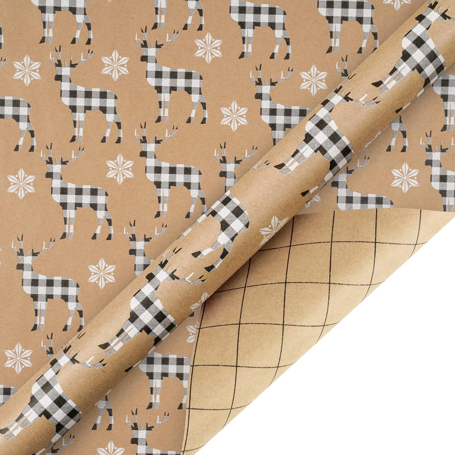 Weihnachtspapier Kraftpapier Hirsch Schneeflocken Plaid 4 Rollen 76 cm