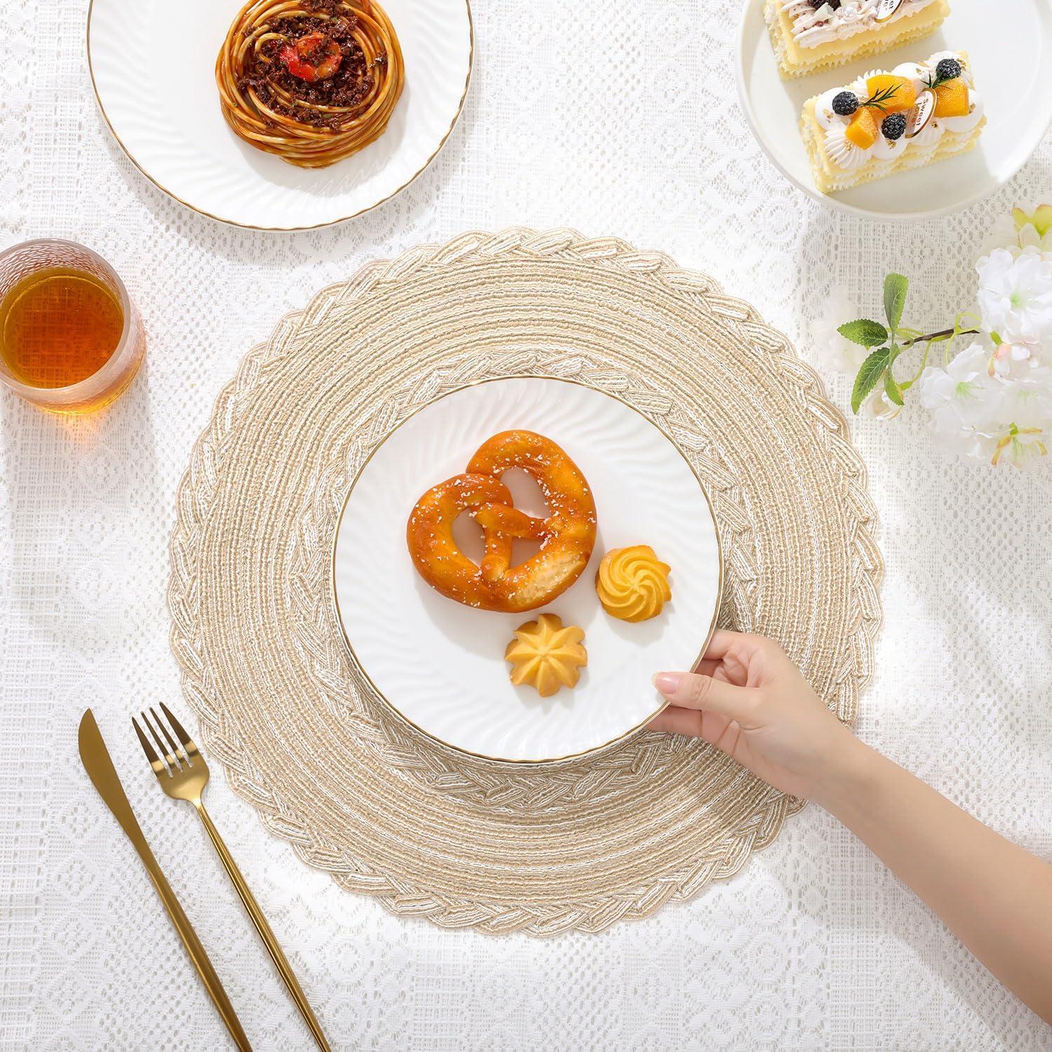 6er Set Runde Platzsets Baumwolle Tischmatten 38cm Beige Hitzebeständig