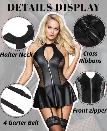 Sexy Wetlook Lederkleid mit Strapsen - Dessous Set XXL Schwarz