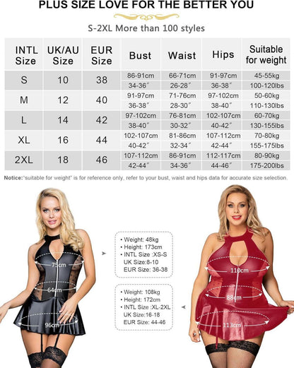 Sexy Wetlook Lederkleid Damen Strapse Große Größen Reizwäsche XXL Schwarz