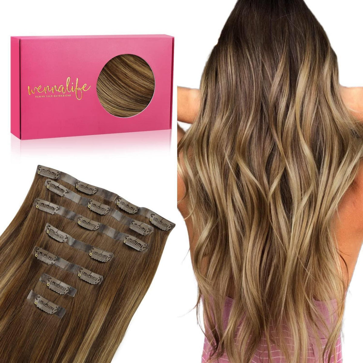 Echthaar Clip-In Extensions Balayage Schoko-Karamell 45cm