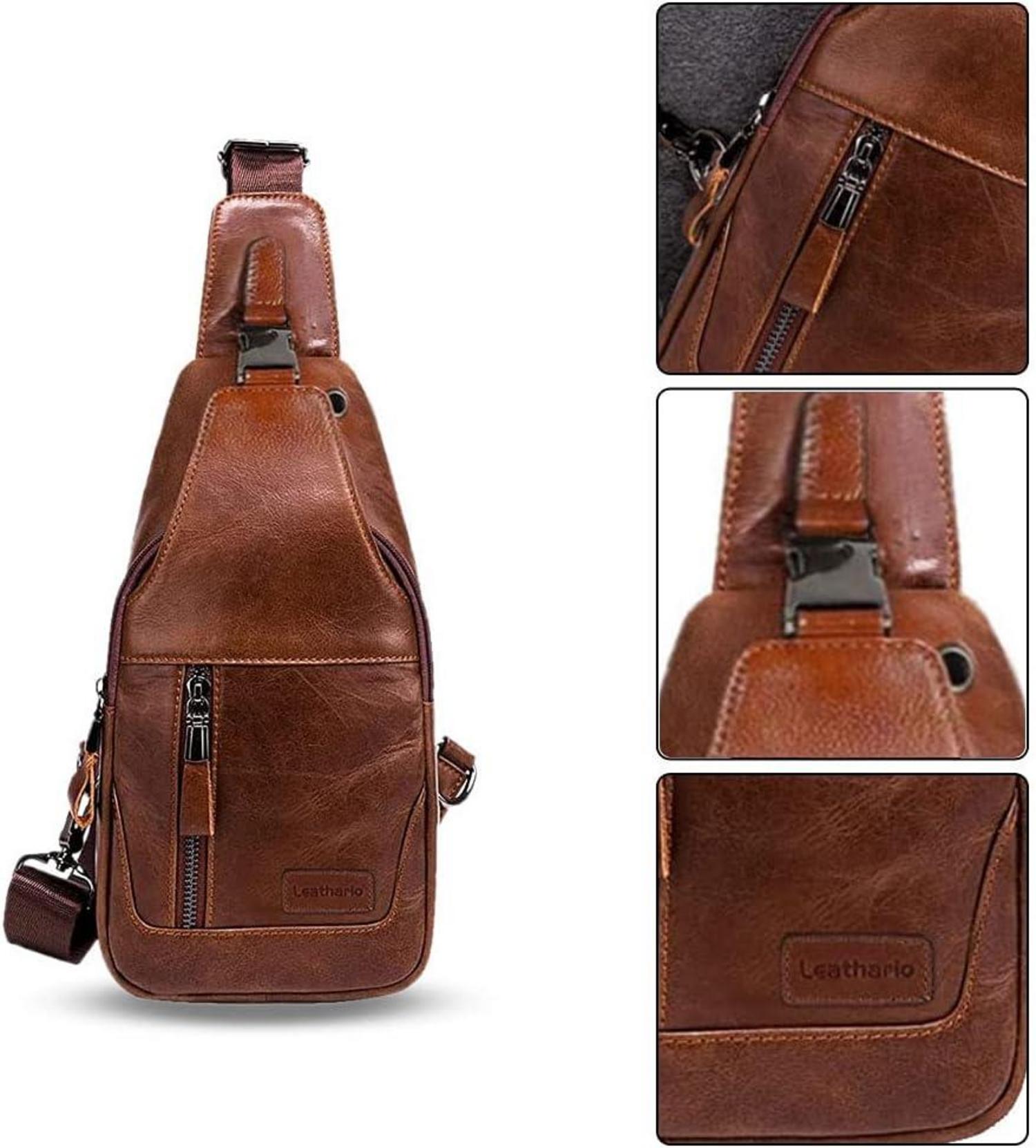 Leathario Herren Brusttasche echt Leder Schultertasche Braun