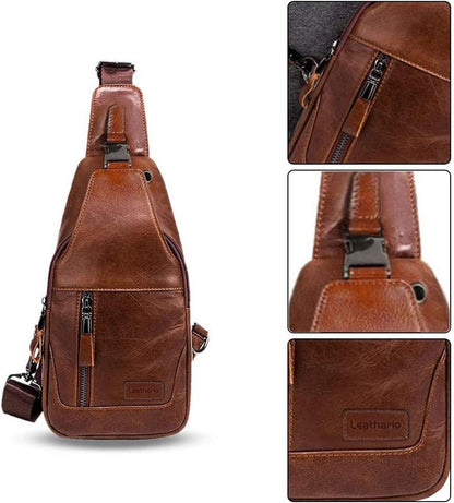 Leathario Herren Brusttasche echt Leder Schultertasche Braun