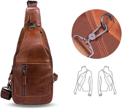 Leathario Herren Brusttasche echtes Leder Umhängetasche Braun