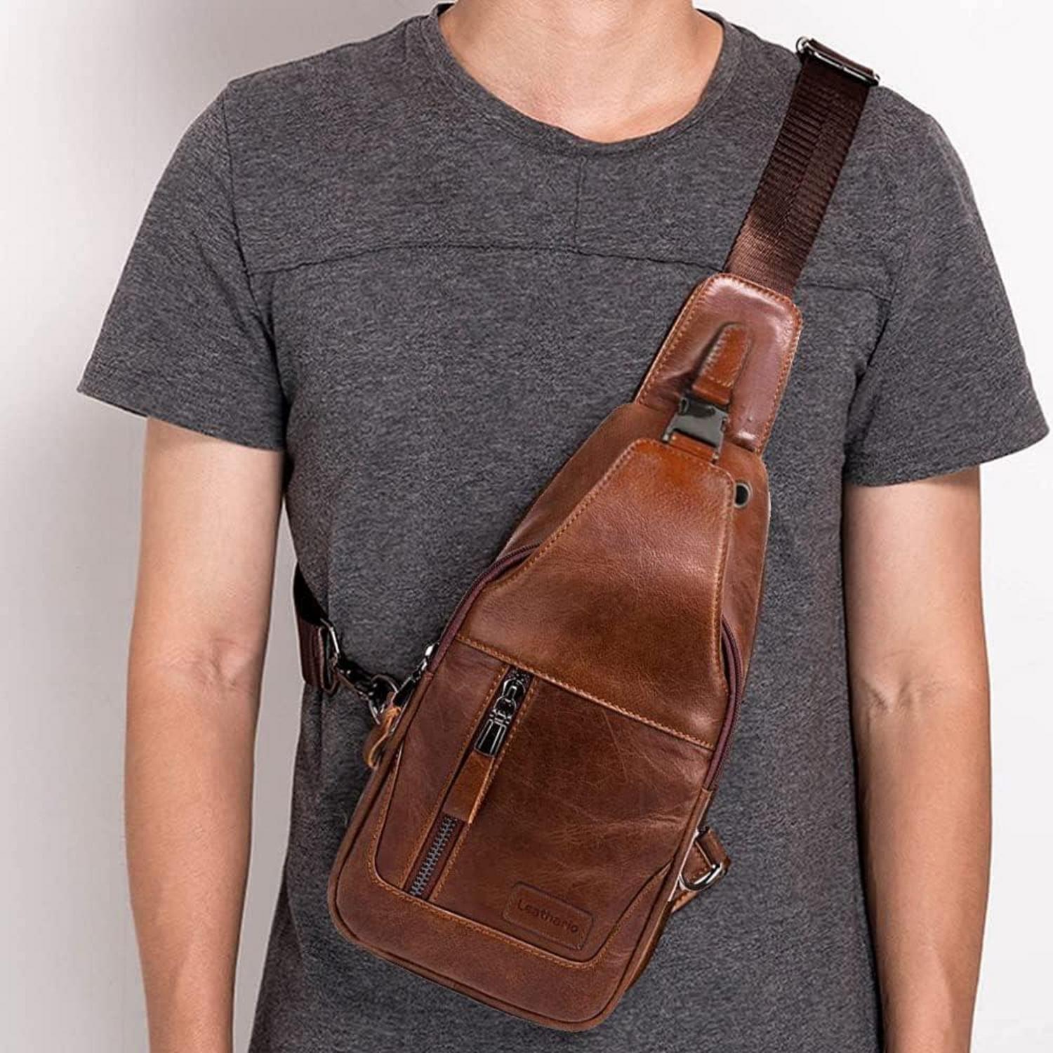Leathario Herren Brusttasche echtes Leder Umhängetasche Braun