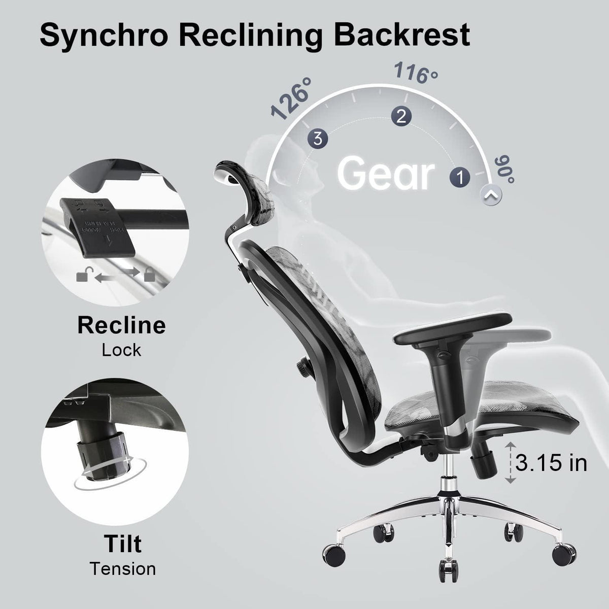 Ergonomischer Bürostuhl mit 3D-Armlehnen und Lendenstütze (Grau)
