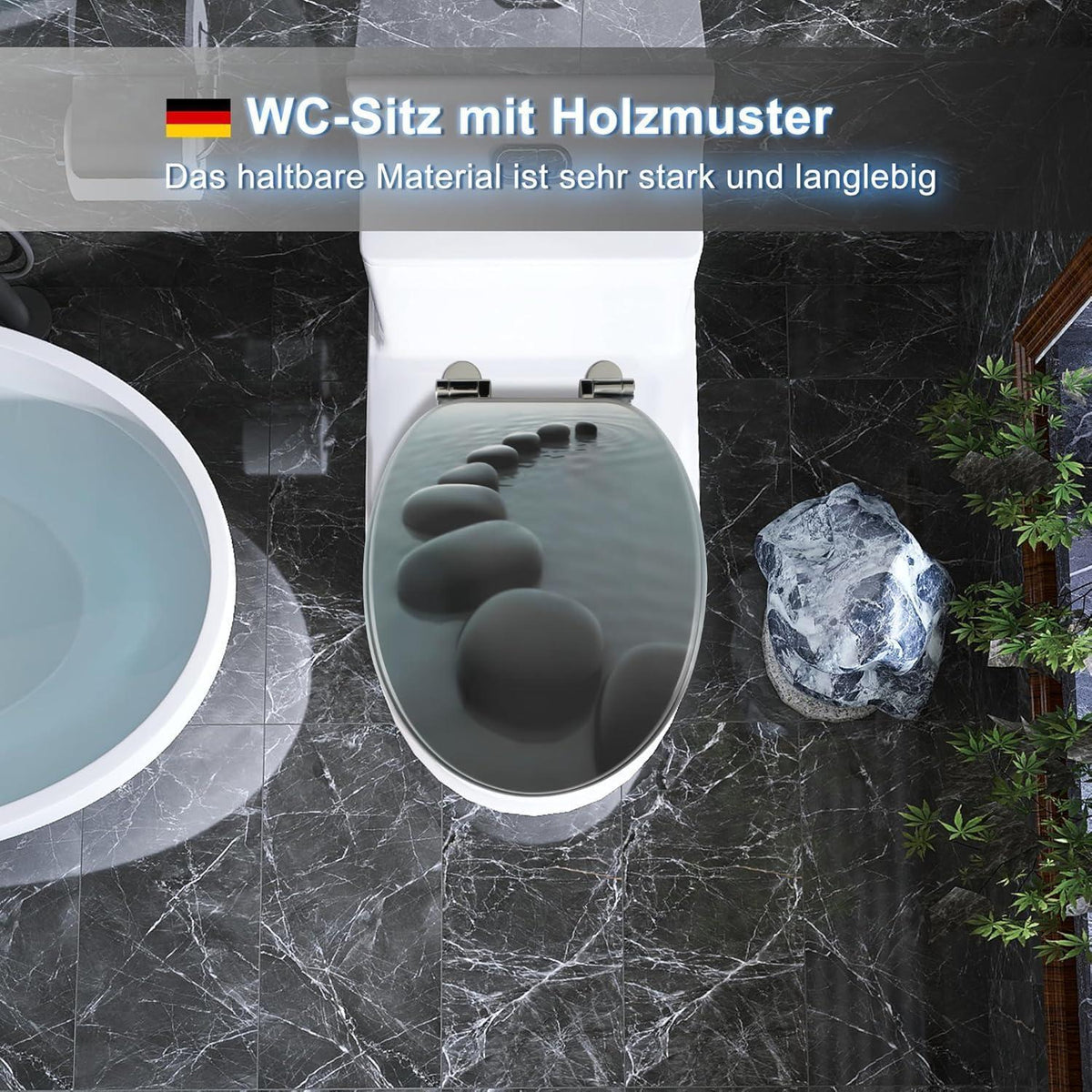 WC-Sitz Holz mit Absenkautomatik, Motiv Black Stones