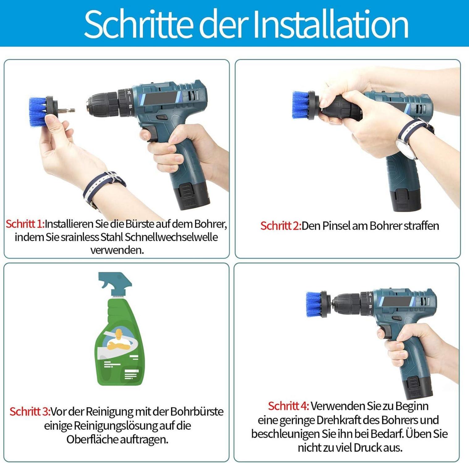 BOZKAA 4er Set Bohrbürsten-Set für Reinigung, ideal für Poolfliesen, Badezimmer, Keramik, Marmor