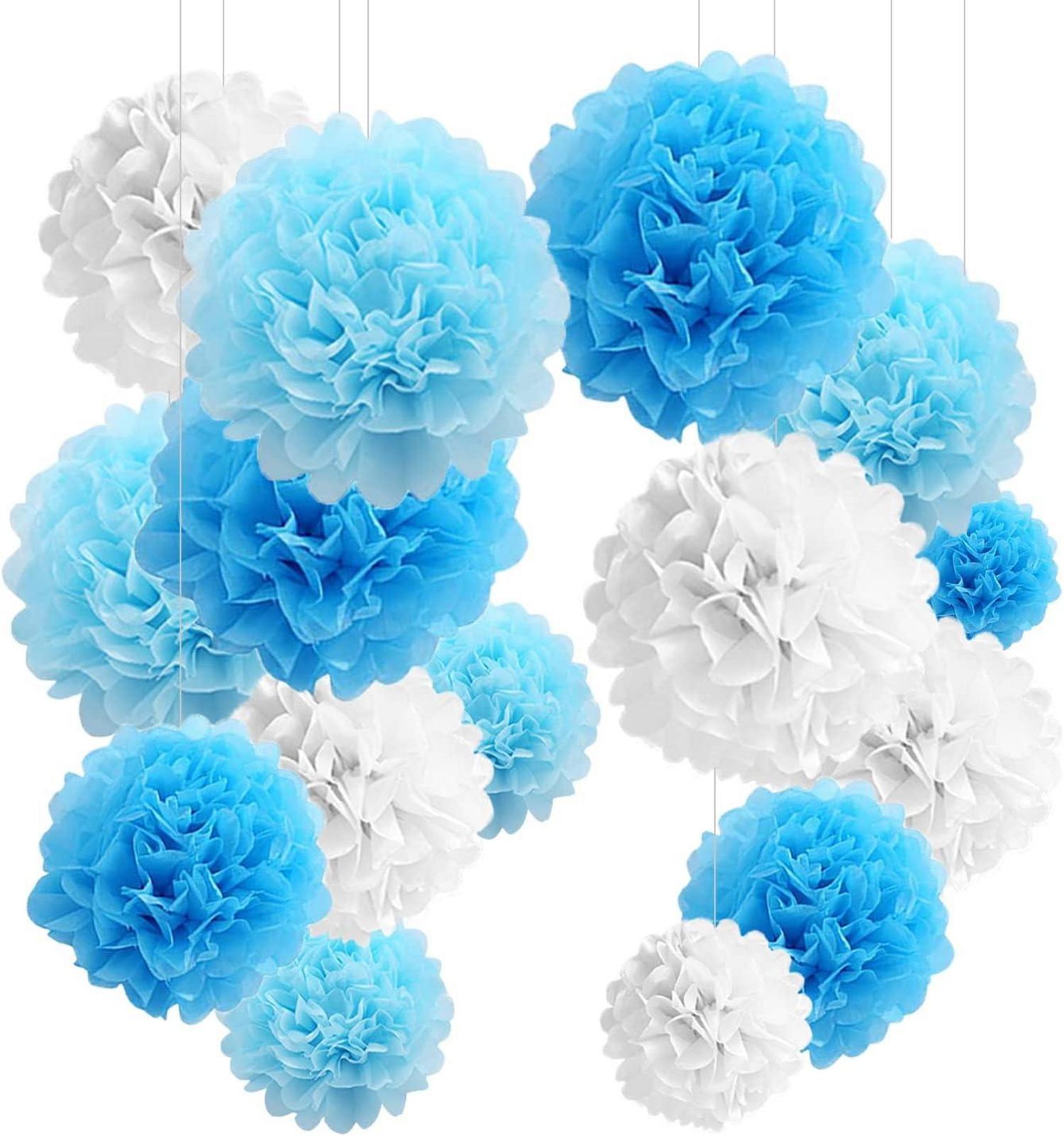 24er Pompons Deko Blau Hochzeit Einschulung Seidenpapier Pompoms Taufe