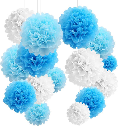 24er Pompons Deko Blau Hochzeit Einschulung Seidenpapier Pompoms Taufe