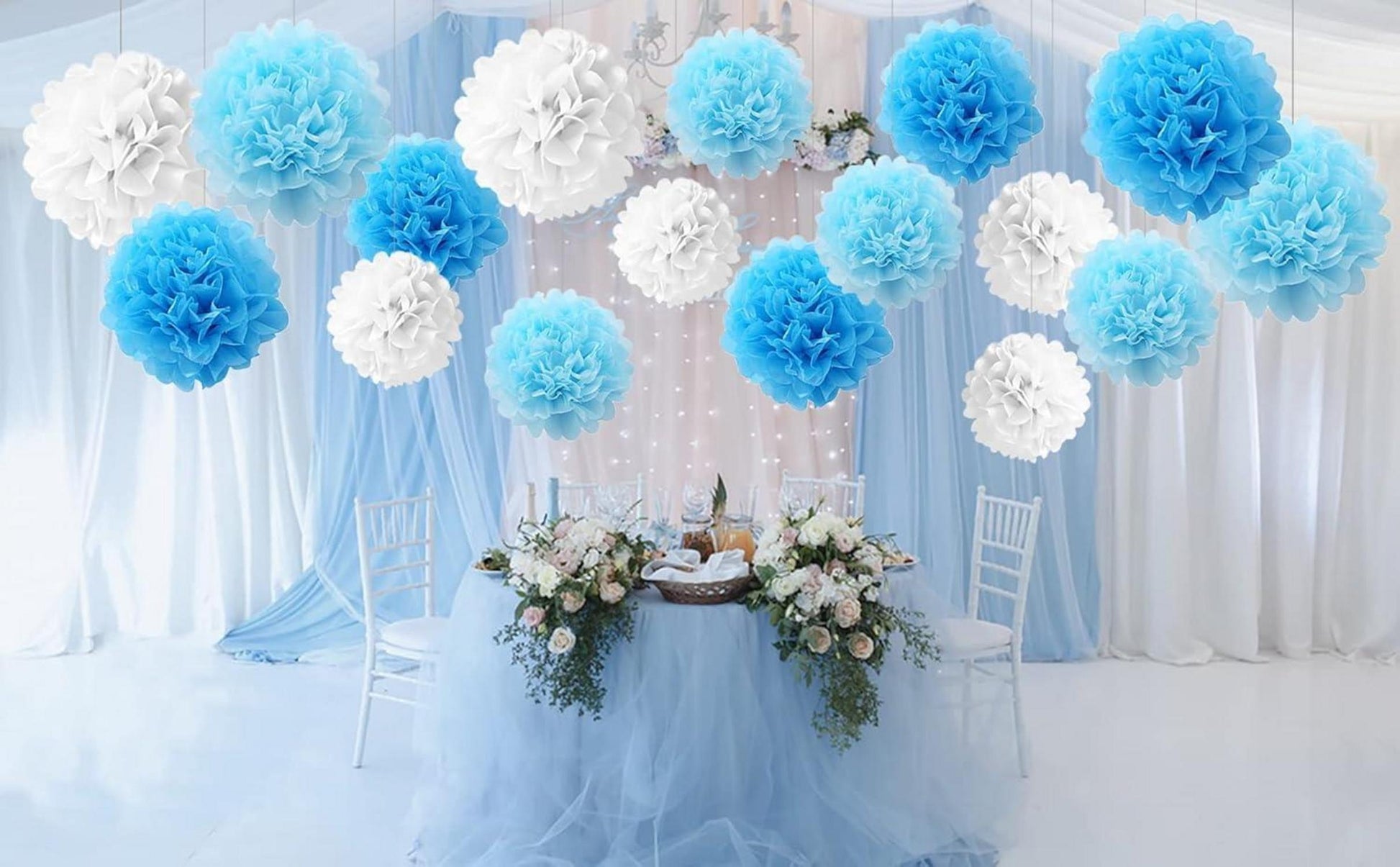 24er Pompons Deko Blau Hochzeit Einschulung Seidenpapier Pompoms Taufe