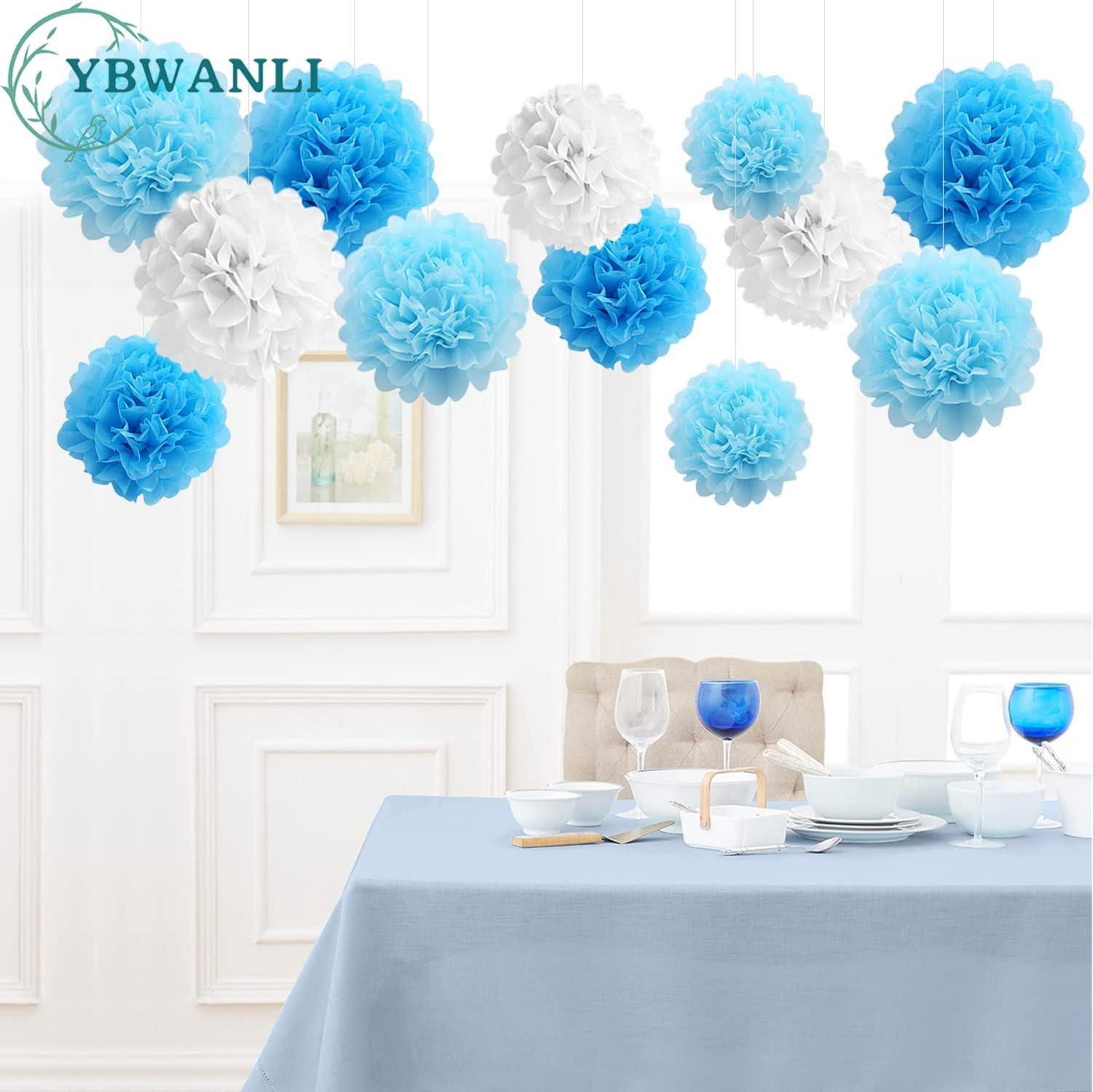 YBwanli 24er Pompons Deko Blau - Hochzeitsdeko Einschulung Taufe Kommunion Geburtstag Hochzeit Valentinstag