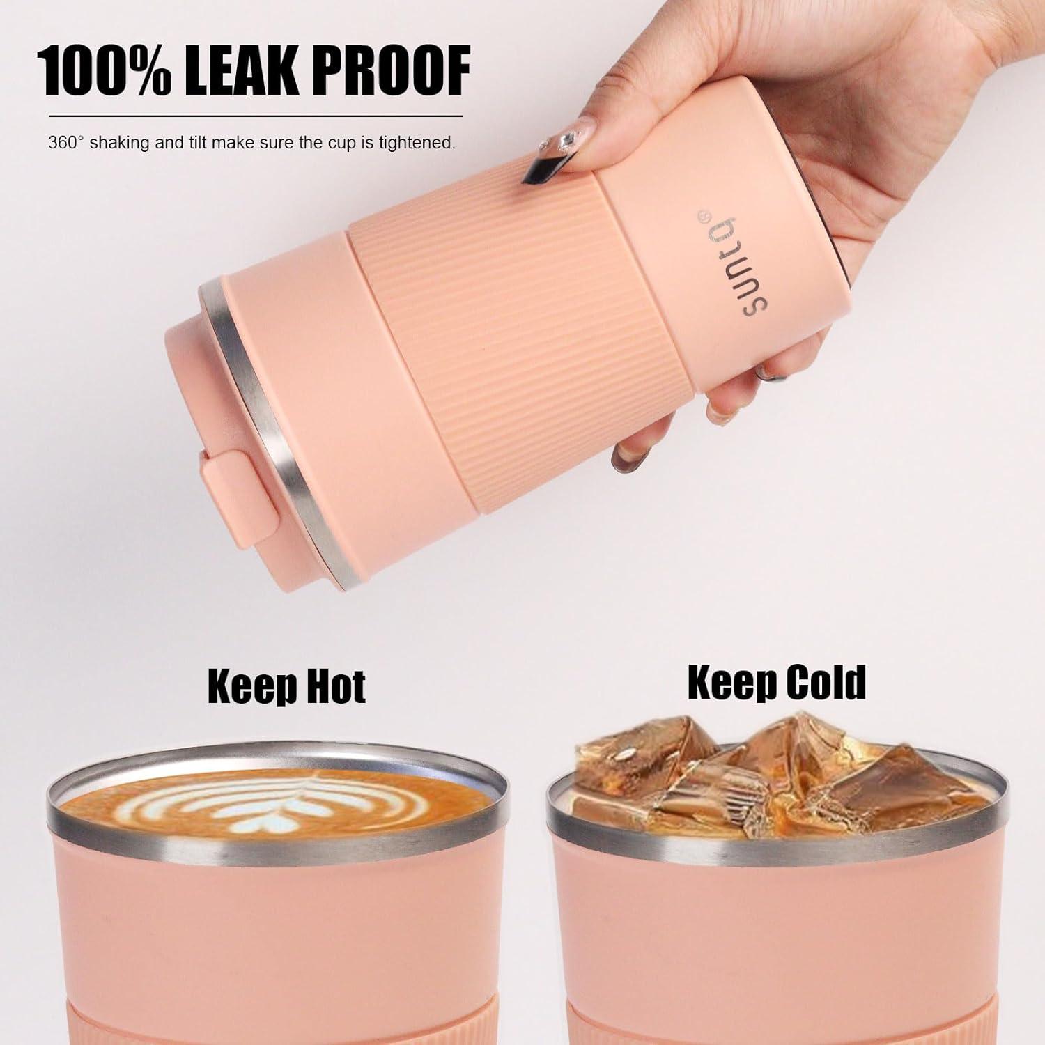 SUNTQ Edelstahl Kaffeebecher to go Thermo 380ml Doppelwand Isoliert mit Deckel - Rosa