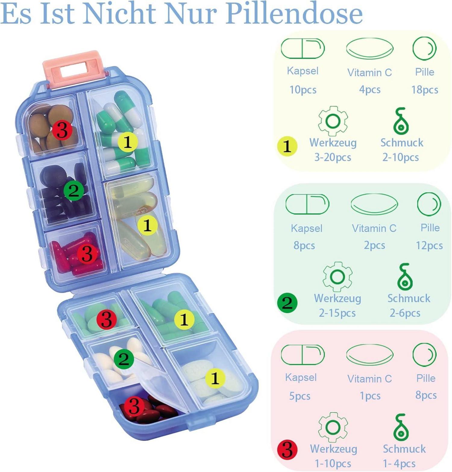 Tablettenbox 7 Tage Pillendose 10 Fächer Medikamentenbox Leicht zu