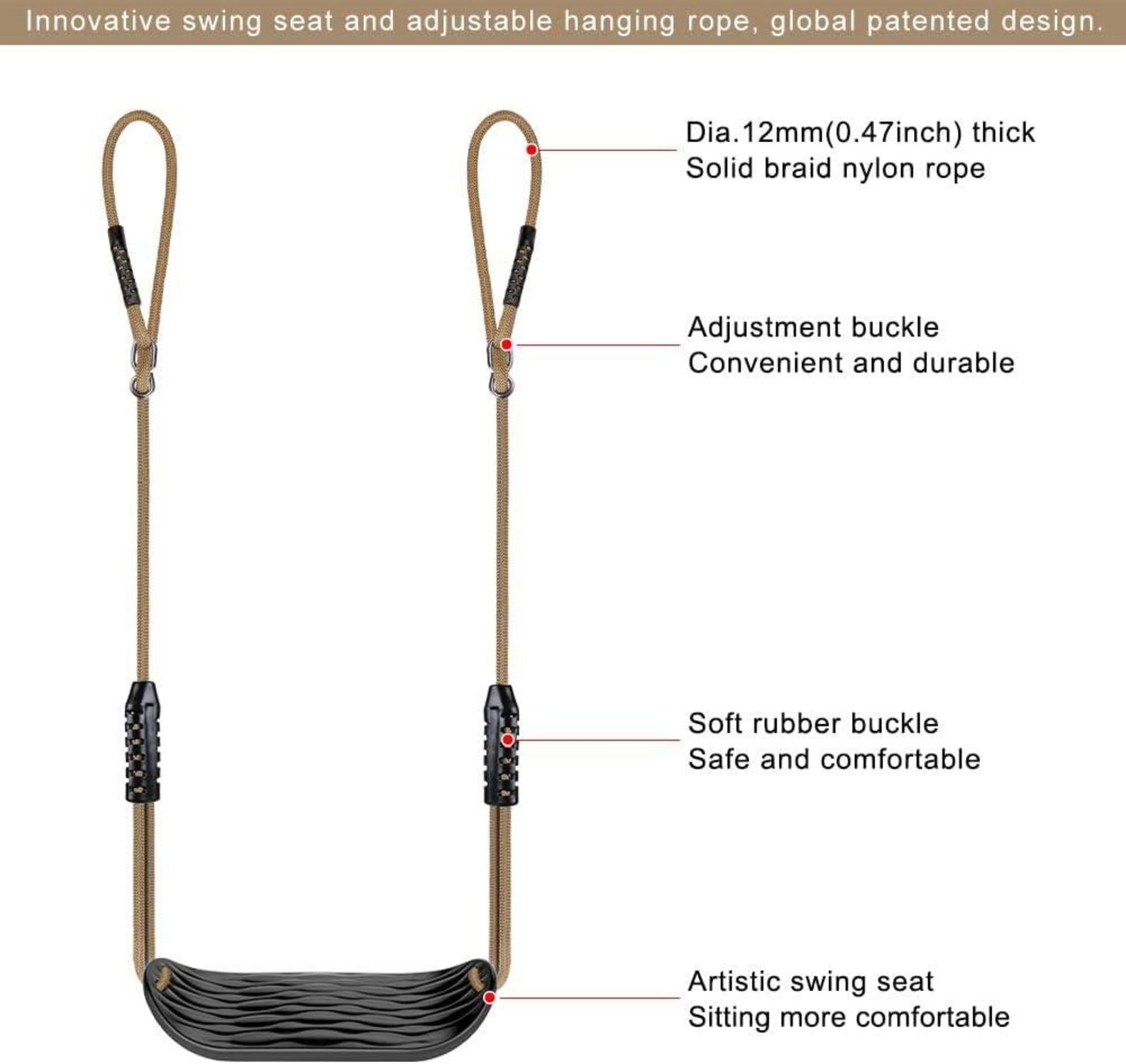 SELEWARE Schaukelsitz Robustes Set 2m Verstellbares Seil 2 Karabiner
