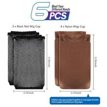 6er Pack Schwarze und Dunkelbraune Perückenkappen aus Nylon